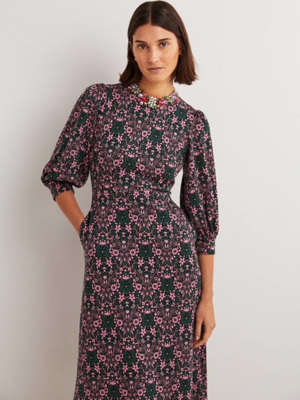 Boden Women's Green Floral Print Blouson Sleeve Jacquard Midi Dress 16/18